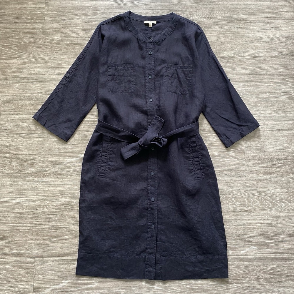 Eileen Fisher Organic Linen Belted Shirt Dress Women's M Blue Lagenlook Minimal